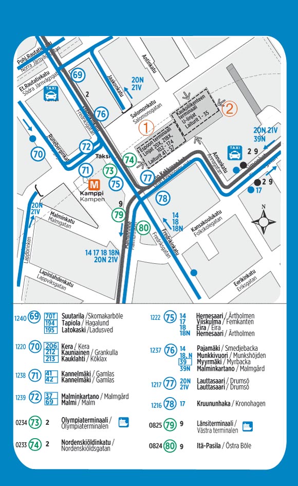 Karte der Bussteige am Kamppi 
